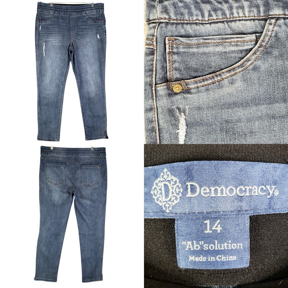 Democracy Jeans Ab Solution Womens Size 14 Blue Denim Pull On Distressed